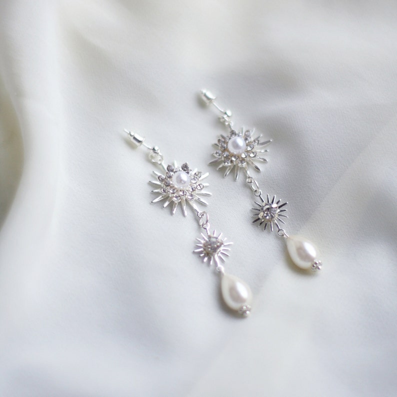 Silver Star Earrings, Drop Pearl Wedding Earrings Silver, Pearl Silver Bridal Earrings, Celestial Star Earrings image 2