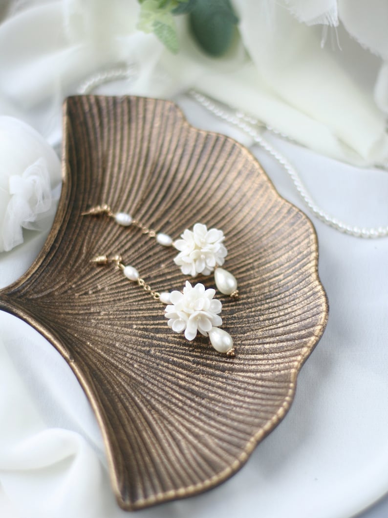 Long Pearl Flower Ball Earrings, Flower Bridal Earrings, Flower Wedding Earrings, White Lilac Earrings image 1