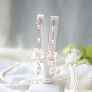 Long Pearl Flower Ball Earrings, Flower Bridal Earrings, Flower Wedding Earrings, White Lilac Earrings image 3