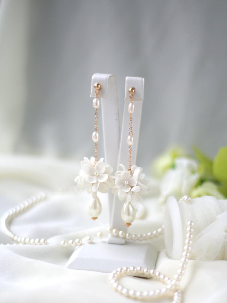 Long Pearl Flower Ball Earrings, Flower Bridal Earrings, Flower Wedding Earrings, White Lilac Earrings image 3