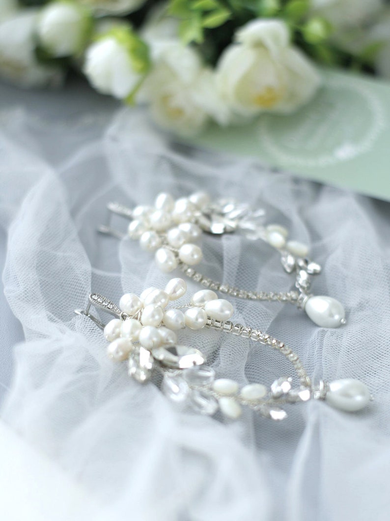 Pearl Crystal Wedding Earrings, Long Pearl Bridal Earrings, Pearl Silver Earrings, Handmade Earrings image 3