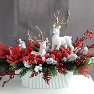 Red Christmas Centerpiece For Table: Deer  Berry Arrangement, Home decor