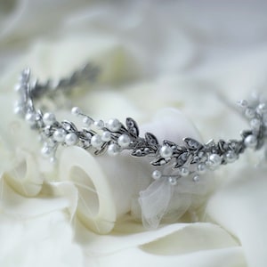 Antike Silberne Blatt-Hochzeits-Krone: Perle Braut Kopfschmuck