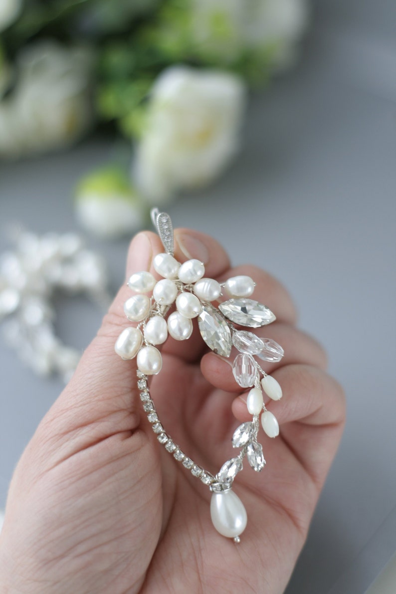 Pearl Crystal Wedding Earrings, Long Pearl Bridal Earrings, Pearl Silver Earrings, Handmade Earrings image 5