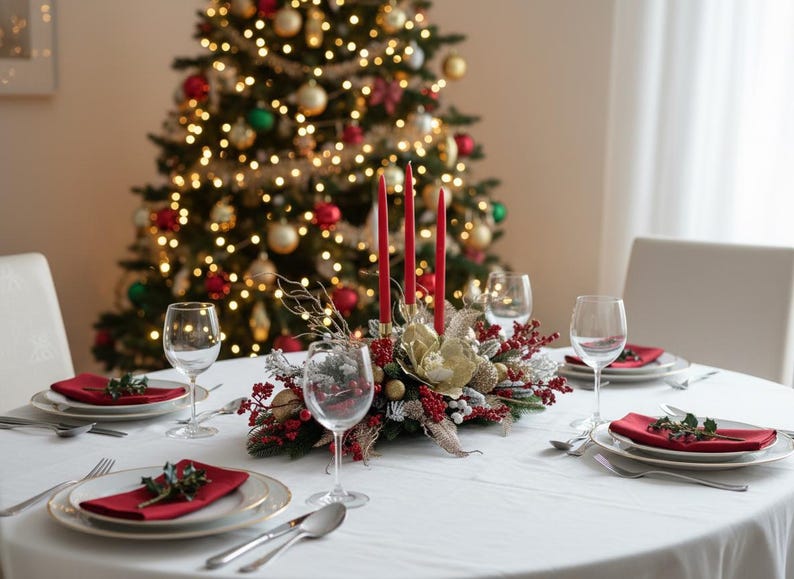 Large Christmas Candle Centerpiece, Holiday Table Decor, Gold Red Berry Arrangement image 2
