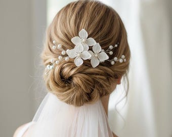 Pearl Wedding Hair Comb: White Flower Bridal Headpiece