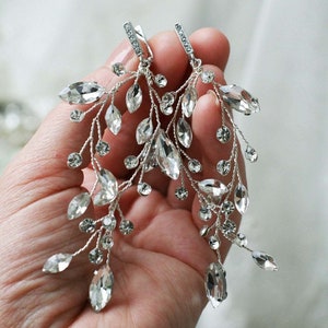 Long Silver Crystal Bridal Earrings, Wedding Earrings Crystal, Bridal Earrings Silver and Crystal