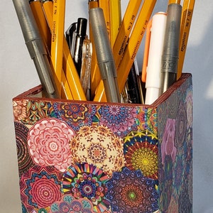 F9 Unique individually created colorful mandala WOOD PENCIL HOLDER Boho Nostalgic Psychedelic Hippie Bohemian 3.25” X 3.25” X 4”