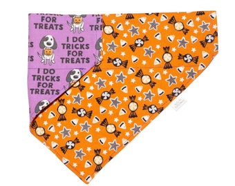 Halloween Dog Bandana, Candy Dog Bandana, I do tricks for treats, Halloween Costume for Dogs, Reversible Bandana,