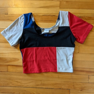 Large Navy and Red Up-cycled Scrap Patchwork Short Scoop Neck Crop Tee
