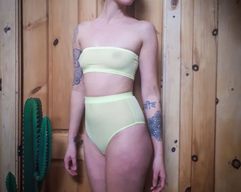 Multiple Colour Options Hand Made Mesh Bandeau and High Waisted  Brazilian bottoms Lingerie Set