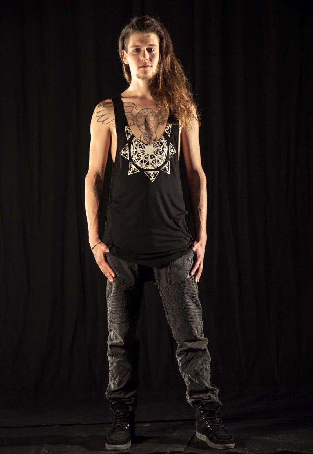 Black Bamboo Jersey Low Cut Aztec Sun Printed Singlet - Etsy