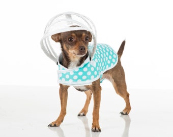 Mint & White Polka Dot Dog Raincoat: Fleece Lined, Adjustable Straps