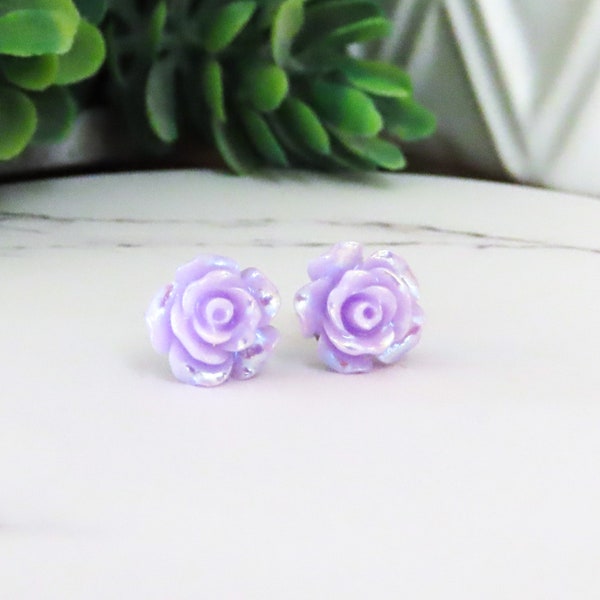 PURPLE Rose Earrings, Easter Earrings, Valentine Gift Earrings for Her Titanium Earrings for Sensitive Ears