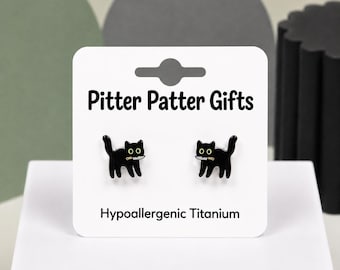 Black Cat with Knife Earrings, Quirky Earrings, Funny Cat Gift, Titanium Posts