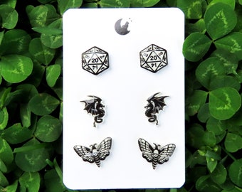 Fantasy Stud Pack, Three Pairs of Earrings, Black Dragon, D20 Dice, Skull Moth Earrings, Titanium Posts