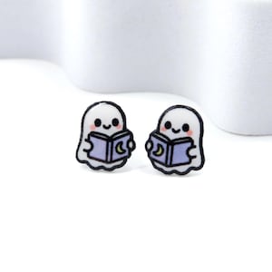 KAWAII Ghost Reading Earrings • Cute Halloween Book Lover Jewelry • Ghost Studs with • Spooky Gift for Readers • Nickel Safe image 1