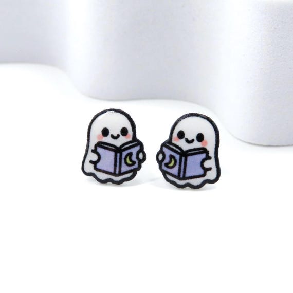 KAWAII Ghost Reading Earrings • Cute Halloween Book Lover Jewelry • Ghost Studs with  • Spooky Gift for Readers • Nickel Safe