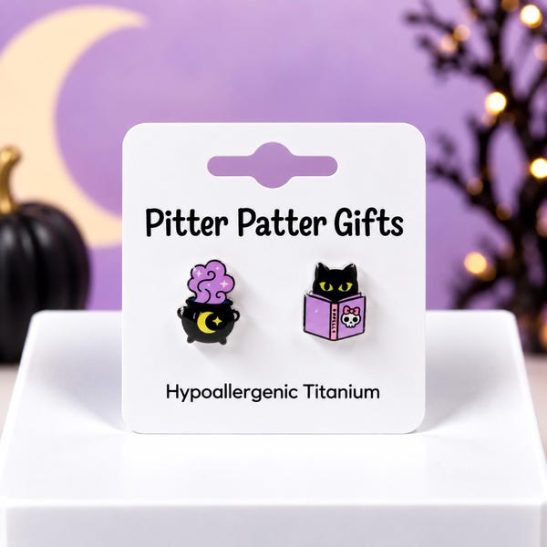 Black Cat & Cauldron Earrings · Witchy Jewelry · Cute Halloween Studs