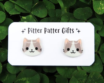 WHITE and GRAY Cat Earrings, Cute Earrings, Titanium Earrings, Hypoallergenic, Nickel Free for Sensitive Ears