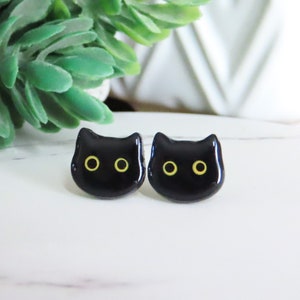 Spooky Black Cat Stud Earrings, Cat Mom Gift, Clay Cat Earrings, Titanium Posts, Cute Cat Earrings, Nature Inspired