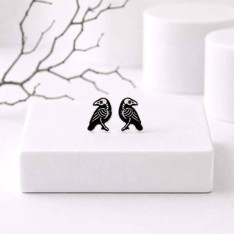 Raven SKELETON Earrings, Gothic Witchy Halloween Earrings, Hypoallergenic Titanium Posts image 4