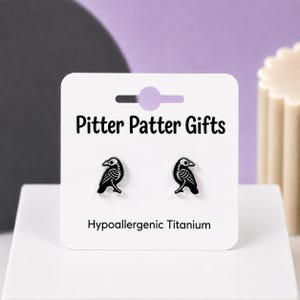 Raven SKELETON Earrings, Gothic Witchy Halloween Earrings, Hypoallergenic Titanium Posts image 1