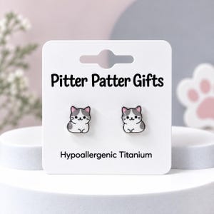 Cat Loaf Earrings, Cute Kawaii Cat Earrings, Hypoallergenic Titanium Posts for Sensitive Ears White & Gray