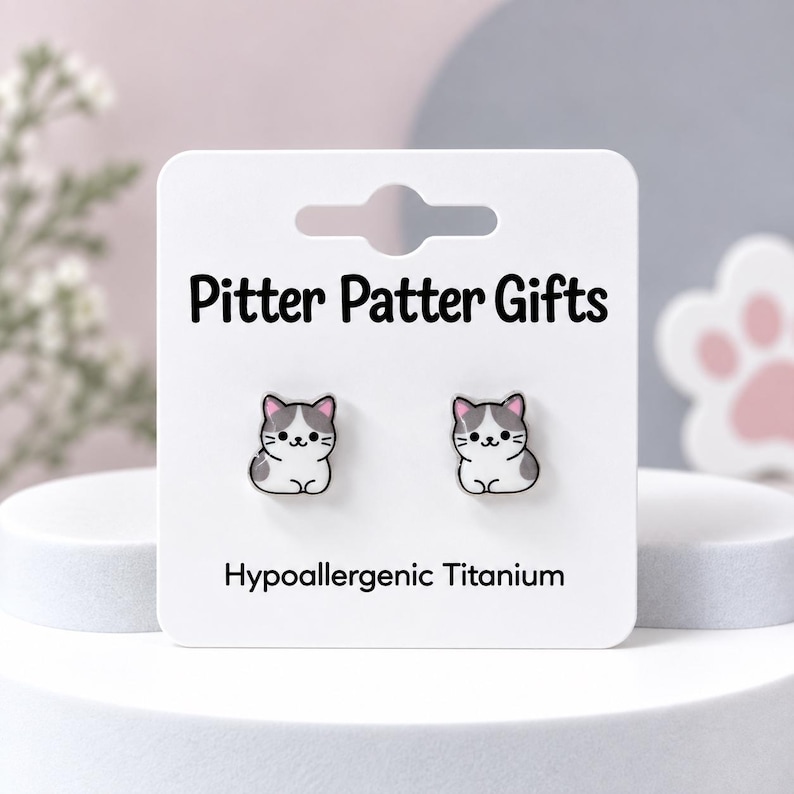 Cat Loaf Earrings, Cute Kawaii Cat Earrings, Hypoallergenic Titanium Posts for Sensitive Ears White & Gray