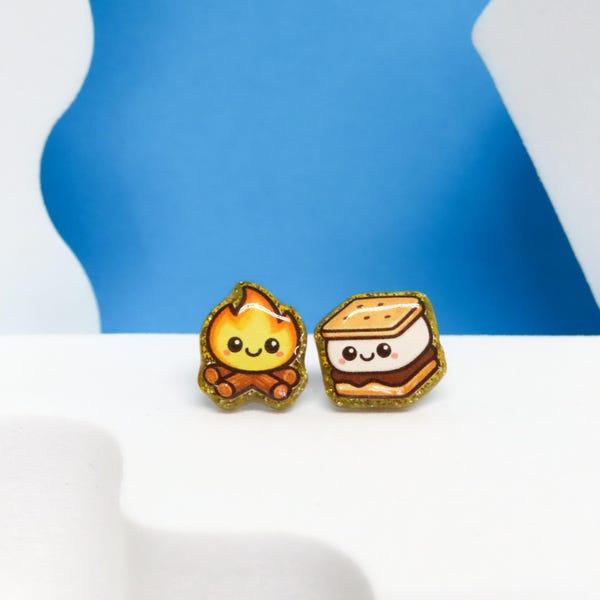 Smores and Campfire Earrings, Cute Food Earrings Studs, Camping Outdoors Gift, Your Earring Post Choice, Clip Ons