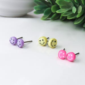 MICRO Stud Earrings, Happy Face Earrings Tiny Earrings Studs Hypoallergenic Titanium Earrings Rainbow Earrings Cute Kawaii Rave Festival 80s