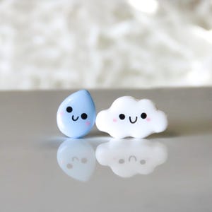 Kawaii Cloud Earrings | Mismatched Raindrop and Cloud Stud Earrings | Titanium Posts for Sensitive Ears | Hypoallergenic and Nickel Free