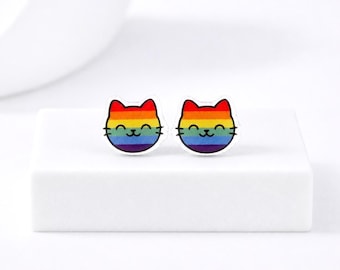 Rainbow Cat Earrings · Pride Stud Earrings · LGBTQ+ Jewelry · Cute Cat Head Earrings · Kawaii Rainbow Earrings · Hypoallergenic Gift