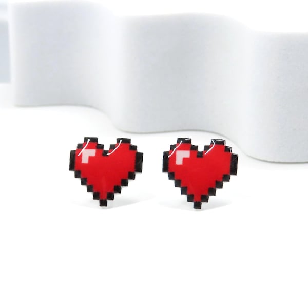 Pendientes de corazón de píxeles, pendientes de corazón de 8 bits, pendientes gamer, pendientes de titanio