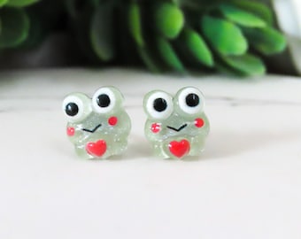 TINY Kawaii Frog Earrings, Titanium Studs, Dainty Cute Animal Earrings, Teen Gift