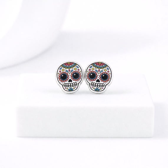 SUGAR SKULL Earrings, Day of the Dead, Hypoallergenic Titanium Posts, Halloween Earrings