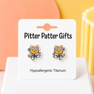 Karate Cat Earrings · Martial Arts Earrings · Taekwondo Earrings · Cute Kitty Jewelry · Karate Gift for Girls · Fun Earrings · Nickel Safe image 1