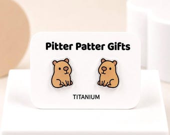 Capybara Earrings, Kawaii Animal Studs, Titanium Posts for Sensitive Ears