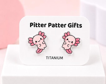 Axolotl Earrings, Hypoallergenic Titanium Posts, Kawaii Earrings, Animal Jewelry