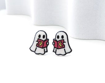 Pendientes de lectura fantasma, pendientes de Halloween, regalo para amantes de la lectura, pernos de acero inoxidable quirúrgico 316L para orejas sensibles
