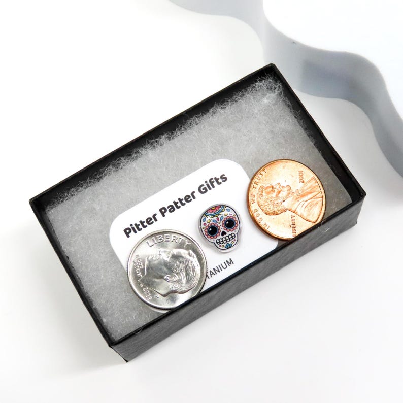 Pu&ograve; includere: Una scatola regalo nera contiene una moneta da dieci centesimi d'argento, un penny di rame e una piccola spilla a forma di teschio di zucchero colorata. La spilla &egrave; circondata da una carta bianca con il testo "Pitter Patter Gifts". La scatola &egrave; foderata con imbottitura bianca.