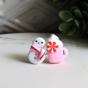 DAINTY Pink Snowman Earrings, Christmas Earrings, Stocking Stuffer, Holiday Earrings, Snowman and Cocoa, Titanium Earrings