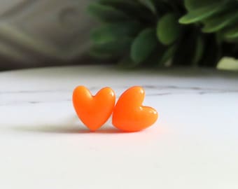 DAINTY Neon Orange Heart Earrings, Simple Heart Studs, Minimalist Stud Earrings, 7mm, Modern Earrings, Small Heart Studs