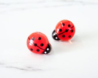 Cute Ladybug Earrings, Hypoallergenic Titanium Posts, Lucky Earrings