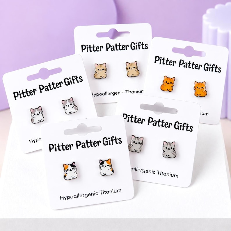 Cat Loaf Earrings, Cute Kawaii Cat Earrings, Hypoallergenic Titanium Posts for Sensitive Ears image 1