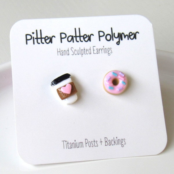 Coffee and Donut Earrings, Food Earrings, Coffee Jewelry, Titanium Studs