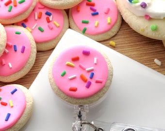 Pink Sugar Cookie Badge Reel, Nurse Badge Reel, Realistic Clay Food Retractable ID Holder