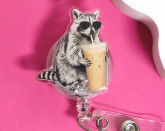 Funny Raccoon Badge Reel, Meme Trash Panda Drinking, Medical ID Badge, Retractable Clip