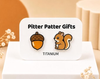 Squirrel and Acorn Earrings, Fall Stud Earrings, Hypoallergenic Titanium Posts