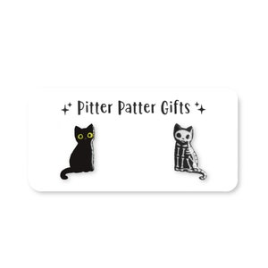 Skeleton Cat Earrings, Halloween Black Cat, Nickel Free, Titanium Posts for Sensitive Ears